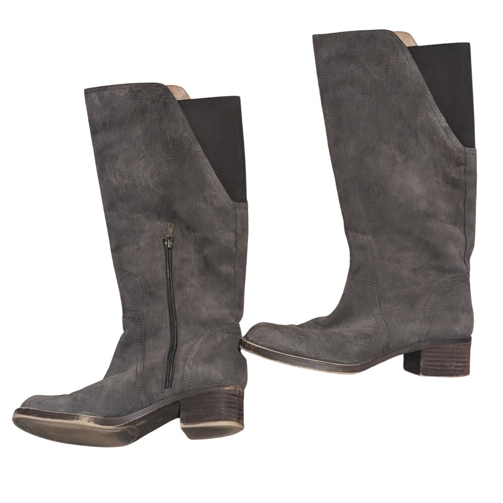 Lucky Brand Boots 8 Leather Suede Charcoal Gray Heeled Mid Calf Country